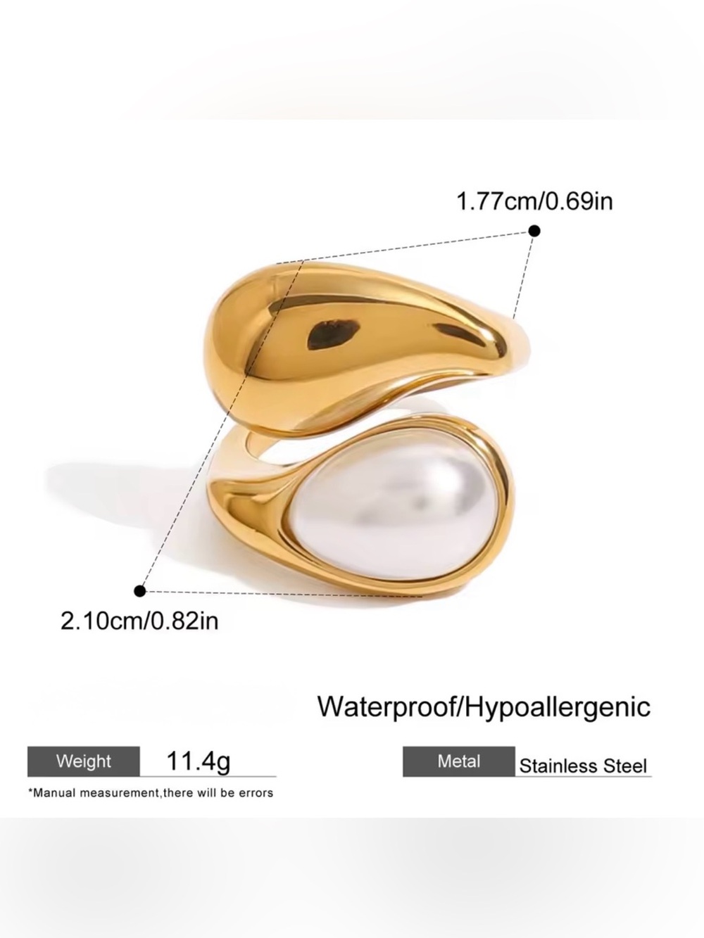 Hypoallergenic Waterproof Gold Pearl Statement Ring
